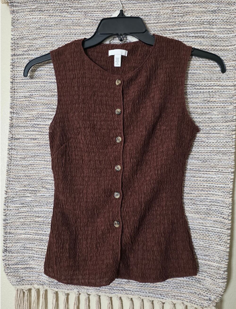 H&M Brown Textured Sleeveless Button Front Top Size XS Y2K Minimalist
